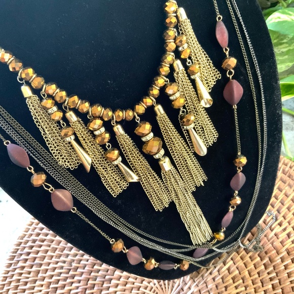Two Stunning Golden Bronze NECKLACES Gold TASSEL  ⭐️GLASS FACETED BEAD - Picture 10 of 17